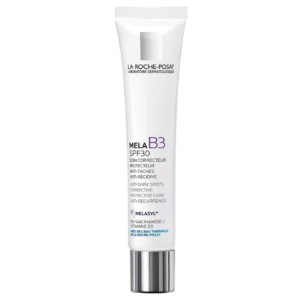 Un tube de La Roche-Posay Mela B3 SPF 30, contenant un soin correcteur anti-taches. Le tube blanc est orné d'un texte noir et violet détaillant ses bienfaits, notamment anti-taches et soin protecteur à la niacinamide et à la vitamine B3. Dakar