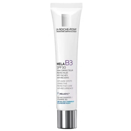Un tube de La Roche-Posay Mela B3 SPF 30, contenant un soin correcteur anti-taches. Le tube blanc est orné d'un texte noir et violet détaillant ses bienfaits, notamment anti-taches et soin protecteur à la niacinamide et à la vitamine B3. Dakar