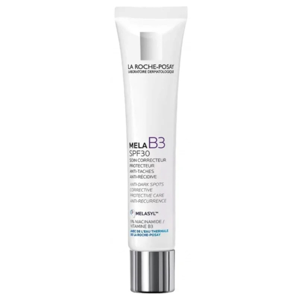Un tube de La Roche-Posay Mela B3 SPF 30, contenant un soin correcteur anti-taches. Le tube blanc est orné d'un texte noir et violet détaillant ses bienfaits, notamment anti-taches et soin protecteur à la niacinamide et à la vitamine B3. Dakar