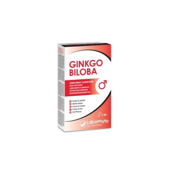 Une boîte de complément alimentaire « Ginkgo Biloba » de LaboPhyto, ornée d'un motif rouge et blanc. Ce produit, revendiqué comme bénéfique pour la circulation sanguine et les performances mentales, contient 60 capsules. Dakar