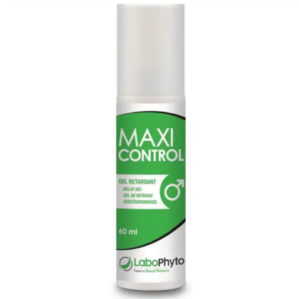 Flacon blanc et vert étiqueté « Maxi Control » avec inscription indiquant qu'il s'agit d'un gel retardateur pour hommes. Le flacon de 60 ml est orné de la marque LaboPhyto. Dakar