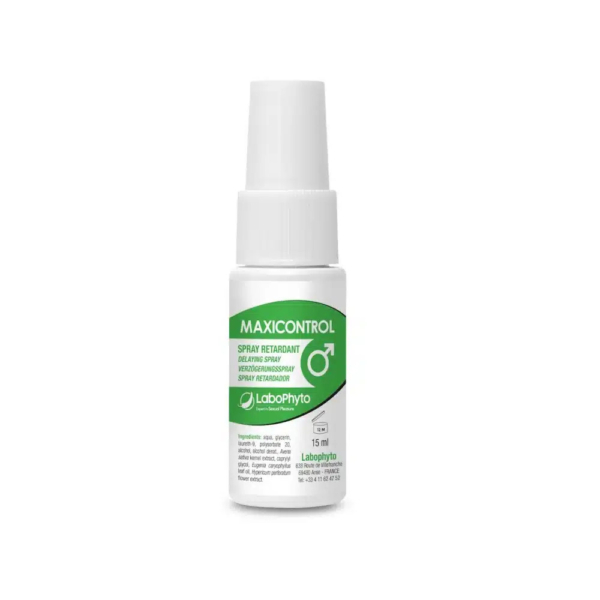 Un petit flacon blanc de spray « MAXICONTROL » avec une étiquette verte, comportant un symbole masculin et le nom de la marque « Labophyto ». Le texte indique qu'il s'agit d'un spray désensibilisant de 15 ml. Dakar