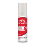 Un flacon rouge et blanc de « Men Booster Gel » orné d'un symbole masculin et d'un texte en plusieurs langues. Il contient 60 ml, signé LaboPhyto, expert en plaisir sexuel. Dakar