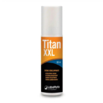 Flacon de crème Titan XXL avec une étiquette orange et noire. Le texte comprend « Crème Développante » et plusieurs traductions de « crème développante », ainsi que le logo Labophyto en bas. Le flacon contient 60 ml. Dakar
