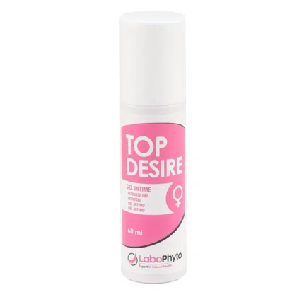 Un flacon de gel intime LaboPhyto Top Desire. Le flacon cylindrique est blanc avec une étiquette rose portant le nom du produit et un symbole féminin. Le flacon contient 60 ml de gel. Dakar