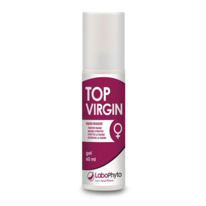 Flacon cylindrique blanc avec une étiquette marron affichant « Top Virgin » et un symbole de genre féminin. L'étiquette comporte des mentions « vagin resserré » et « expert en plaisir sexuel ». Le flacon porte la mention « gel » et a une contenance de 60 ml. Dakar