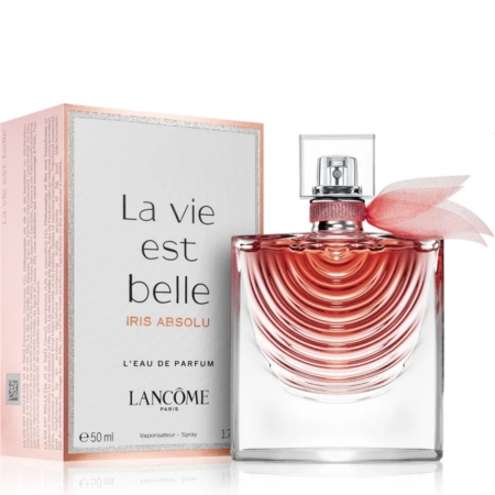 Le flacon La Vie Est Belle Iris Absolu Eau de Parfum Femme 50 ml de Lancôme présente un liquide dégradé rose doux et un ruban décoratif, associé à son coffret rose et blanc assorti, reflétant l'élégance et le charme de Lancôme. Dakar
