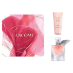 Un coffret Lancôme aux motifs roses et dorés, un tube de lotion La Vie Est Belle et un flacon de parfum La Vie Est Belle avec un liquide rose et un ruban argenté. Dakar
