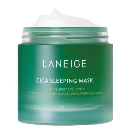Pot vert de masque de nuit Laneige Cica avec couvercle blanc, contenant 60 ml de produit. L'étiquette souligne son efficacité comme solution barrière nocturne pour renforcer la barrière d'hydratation cutanée et procurer un effet apaisant. Dakar