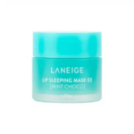 Un pot turquoise de masque de sommeil pour les lèvres Laneige EX au goût de menthe et de chocolat, avec un design simple et épuré avec le nom du produit en texte blanc sur le devant. Dakar