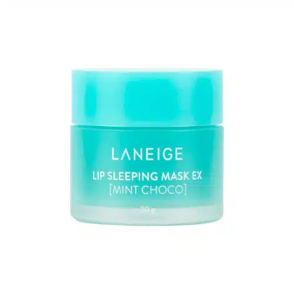 Un pot turquoise de masque de sommeil pour les lèvres Laneige EX au goût de menthe et de chocolat, avec un design simple et épuré avec le nom du produit en texte blanc sur le devant. Dakar