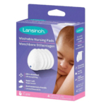 Boîte de coussinets d'allaitement lavables Lansinoh ornée d'un bébé endormi. Ultra-absorbants, ils sont fabriqués à partir de matériaux respectueux de l'environnement et présentent une texture ultra-douce. Contient quatre coussinets et une trousse de toilette. Emballage bilingue (anglais et allemand). Dakar