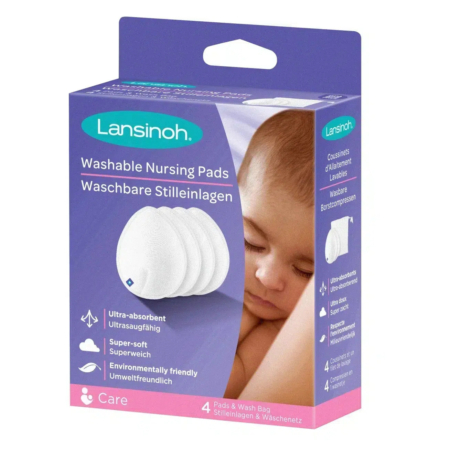 Boîte de coussinets d'allaitement lavables Lansinoh ornée d'un bébé endormi. Ultra-absorbants, ils sont fabriqués à partir de matériaux respectueux de l'environnement et présentent une texture ultra-douce. Contient quatre coussinets et une trousse de toilette. Emballage bilingue (anglais et allemand). Dakar