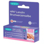Une boîte de crème pour mamelons Lansinoh HPA à la lanoline. L'emballage est violet et présente les informations produit en allemand. Un petit tube est présenté à côté d'une illustration représentant une mère et son bébé. La boîte contient 10 ml. Dakar