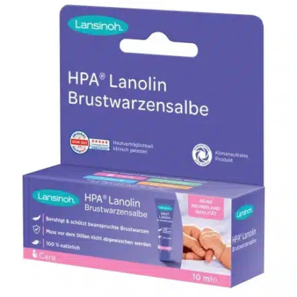 Une boîte de crème pour mamelons Lansinoh HPA à la lanoline. L'emballage est violet et présente les informations produit en allemand. Un petit tube est présenté à côté d'une illustration représentant une mère et son bébé. La boîte contient 10 ml. Dakar