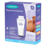 Boîte Lansinoh bleue et violette pour sachets de conservation du lait maternel. Elle présente une image de bébé et un sachet avec les mesures. Le texte souligne les avantages, tels que l'absence de BPA/BPS et un rangement pratique. Contient 25 sachets pour la congélation et la conservation du lait maternel. Dakar