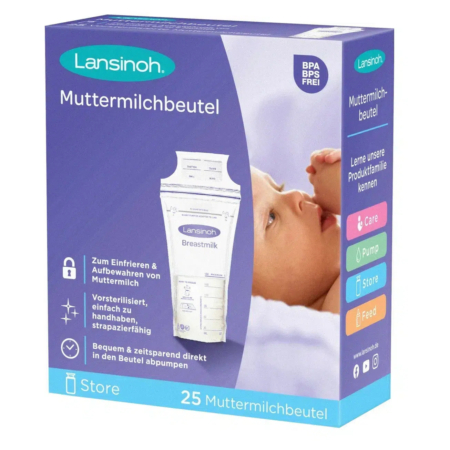 Boîte Lansinoh bleue et violette pour sachets de conservation du lait maternel. Elle présente une image de bébé et un sachet avec les mesures. Le texte souligne les avantages, tels que l'absence de BPA/BPS et un rangement pratique. Contient 25 sachets pour la congélation et la conservation du lait maternel. Dakar
