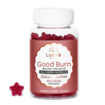 Un pot en plastique transparent étiqueté « Lashilé Beauty Good Burn » contenant 60 compléments gélifiés rouges est présenté. L'étiquette met en avant des ingrédients comme le cola, le garcinia et l'ascophyllum. Un bonbon gélifié en forme d'étoile est placé à côté du pot. Dakar