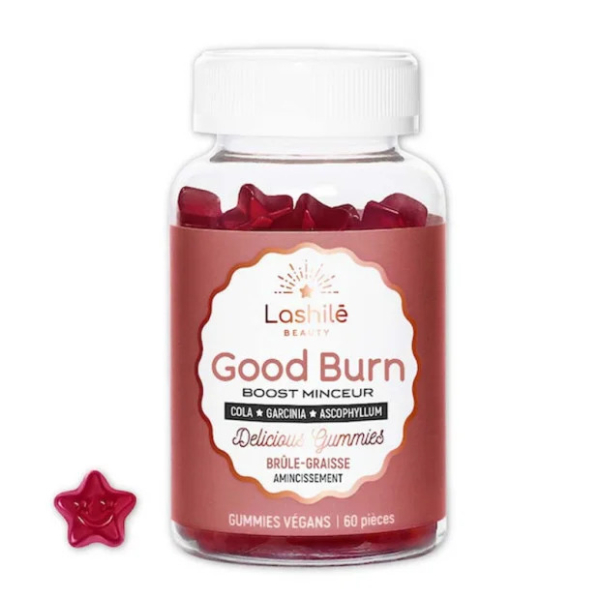 Un pot en plastique transparent étiqueté « Lashilé Beauty Good Burn » contenant 60 compléments gélifiés rouges est présenté. L'étiquette met en avant des ingrédients comme le cola, le garcinia et l'ascophyllum. Un bonbon gélifié en forme d'étoile est placé à côté du pot. Dakar