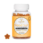 Un pot de bonbons gélifiés Good Sun de Lashilé Beauty, avec une étiquette jaune et des bonbons en forme d'étoile à l'intérieur. L'étiquette met en avant des ingrédients comme le cuivre, le sélénium et la vitamine E, et mentionne que le produit est vegan et contient 60 bonbons pour un apport vitaminé. Dakar
