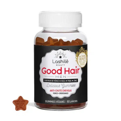 Un flacon de gummies Lashilé Beauty Good Hair Men, étiquetés vegan et conçus pour la croissance et la force des cheveux. Le flacon contient 60 gummies en forme d'étoile et arbore les labels de récompenses 2021 et 2022. Dakar