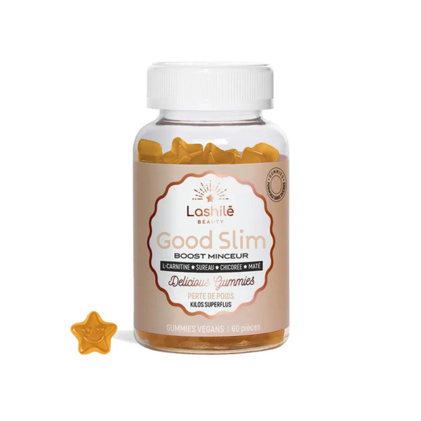 Un pot de bonbons gélifiés Lashilé Beauty Good Slim, orné d'un bonbon en forme d'étoile. L'étiquette mentionne des ingrédients comme la L-carnitine, le sureau, la chicorée et le maté. Le pot contient 60 bonbons gélifiés végétaliens pour la gestion du poids. Dakar