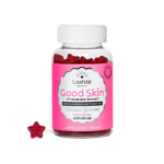 Un pot de bonbons vitaminés « Bonne Peau » de Lashilé Beauty. Le contenant transparent, orné d'une étiquette rose, présente des bonbons rouges en forme d'étoile, soulignant leurs propriétés bénéfiques pour la peau. Un bonbon est placé à l'extérieur du pot. Contient 60 bonbons. Dakar