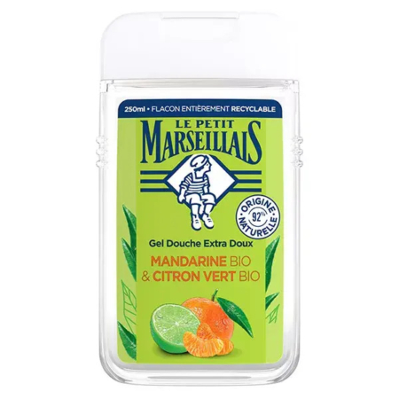 Flacon de gel douche Le Petit Marseillais, 250 ml, parfum Mandarine Bio & Citron Vert Bio. L'étiquette est ornée d'illustrations d'agrumes et est en français. L'emballage est entièrement recyclable. Dakar