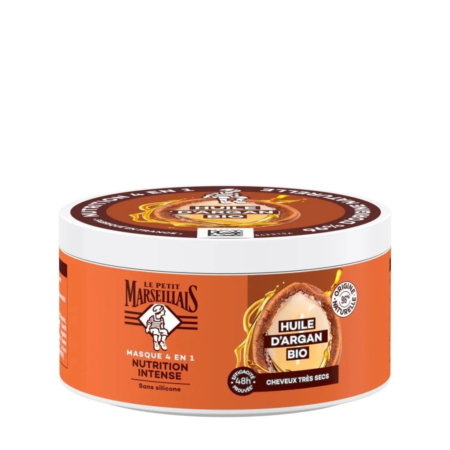 Un pot rond et orange contenant le masque capillaire Le Petit Marseillais, étiqueté « Nutrition Intense » et « Huile d'Argan Bio » pour cheveux très secs. Le produit est revendiqué comme biodégradable à 98 % et sans silicone. Dakar