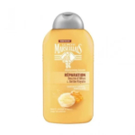 Un flacon de shampoing Le Petit Marseillais, étiqueté « Réparation », au beurre d'olive et à la gelée royale. Conçu pour les cheveux secs et abîmés, il est présenté dans un emballage jaune avec des inscriptions blanches et orange, et un bouchon gris. Dakar