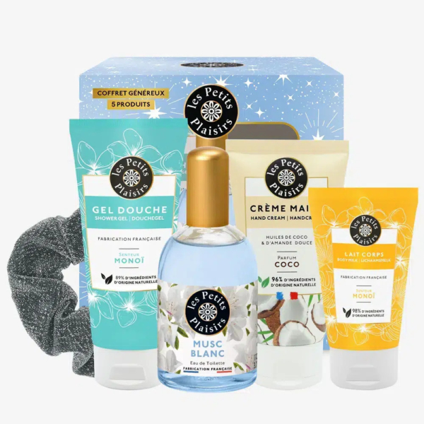 Un coffret cadeau composé de produits Les Petits Plaisirs, comprenant un gel douche, une crème pour les mains, un lait pour le corps et une eau de toilette Musc Blanc. Ce coffret contient également un chouchou foncé, le tout présenté dans une boîte à motifs étoilés. Dakar