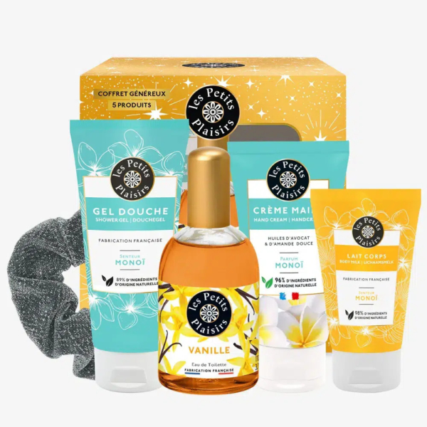 Coffret cadeau comprenant un gel douche, une crème pour les mains, un lait pour le corps, une eau de toilette et un chouchou. Chaque produit est étiqueté « Les Petits Plaisirs » avec un parfum vanille et monoï. L'emballage est jaune et bleu sarcelle, avec des motifs floraux. Dakar