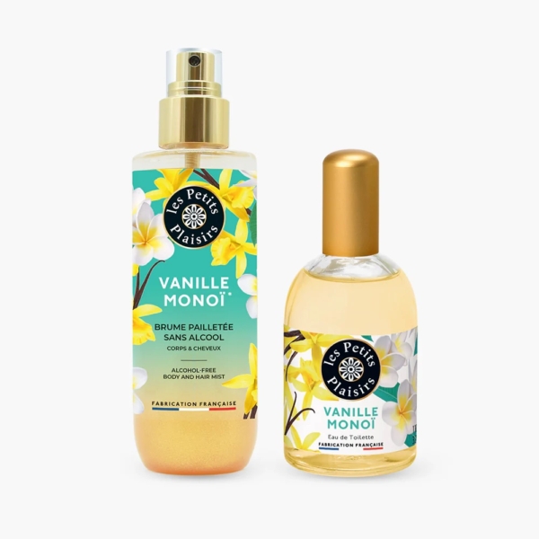 Deux flacons Les Petits Plaisirs Duo brume et eau de toilette Vanille Monoï : A gauche, une brume corps et cheveux sans alcool au motif floral. A droite, une Eau de Toilette au bouchon doré. Tous deux dégagent une essence de vanille proche de la Brume Pailletée Fleur de tiaré. Dakar
