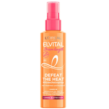 Un flacon de spray thermoprotecteur Elvital Dream Length « Defeat The Heat » de L'Oréal Paris. Le flacon orange est doté d'un bouchon rose et d'un texte soulignant la protection grâce aux vitamines et à l'huile de ricin pour des cheveux longs et lisses. Dakar