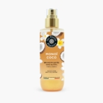 Un flacon spray de 200 ml de brume corps et cheveux Les Petits Plaisirs Brume Pailletée Monoï Coco, doté d'un flacon doré avec des noix de coco et des fleurs blanches, d'un bouchon transparent, sans alcool et fabriqué en France. Dakar