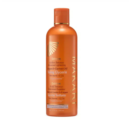 Flacon orange de glycérine tonifiante intense Makari Extreme Active à l'huile d'argan et de carotte. Contient des vitamines E, C et K. Texte en anglais et en français. Flacon de 500 ml avec bouchon à pression. Dakar