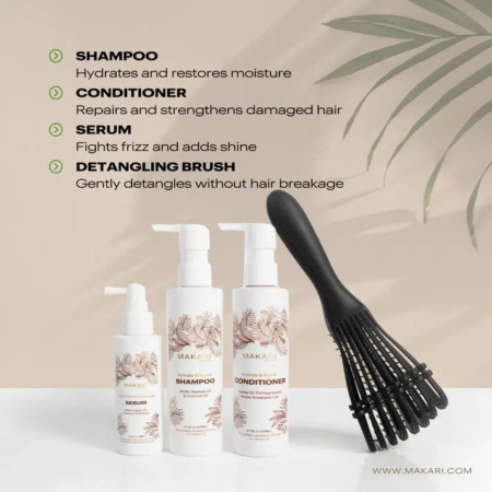 Image de trois produits capillaires Makari : shampoing, après-shampoing et sérum, chacun présenté dans des flacons blancs à motifs floraux. Une brosse démêlante noire est posée à côté. L'arrière-plan est clair, avec de subtiles silhouettes végétales. Site web : www.makari.com. Dakar