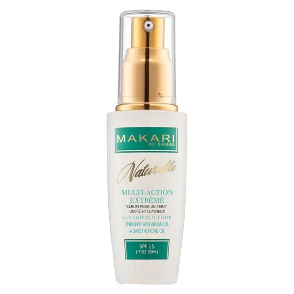 Un flacon de sérum Makari de Suisse Naturalle Multi-Action Extrême. Blanc, avec inscriptions vertes et dorées, il est doté d'une pompe doseuse dorée. Enrichi en huiles d'argan et d'amande douce, il offre une protection solaire SPF 15. Dakar