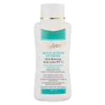 Un flacon de 500 ml de lait corporel Makari Naturalle Multi-Action Extrême. L'étiquette met en avant un SPF 15 et des ingrédients comme l'huile d'amande douce et l'huile d'argan. Le design est blanc avec des touches de bleu et d'or. Dakar