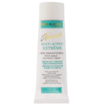 Un tube blanc portant l'inscription « Makari Naturalle Multi-Action Extrême » crème hydratante éclaircissante. Il contient de l'huile d'argan et d'amande douce, un FPS 15 et un format de 50 ml. L'emballage est principalement blanc avec des touches dorées et vertes. Dakar