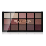 Une palette de maquillage composée de 15 fards à paupières aux tons neutres et bruns variés, disposés en trois rangées de cinq. Le logo « Revolution » est imprimé au centre en lettres dorées. Dakar