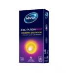 Boîte rectangulaire bleue de préservatifs Manix Excitation Max ornée d'un cercle jaune lumineux. La boîte affiche « Excitation Orgasmique » et « X3 Nervuré + perle + gel stimulant ». Contient 12 préservatifs, étiquetés pour plus de sécurité et de protection. Dakar