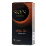 Boîte de préservatifs Skyn King Size dans un emballage noir et orange. La boîte porte la mention « Grande taille » et « 10 préservatifs sans latex », soulignant ainsi sa taille plus grande et son absence de latex. Dakar