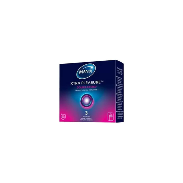 Boîte de préservatifs Manix Xtra Pleasure ornée d'un globe violet. Contient trois préservatifs lubrifiés. L'emballage est bleu foncé et les informations produit sont en blanc. Dakar