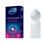 Boîte de préservatifs « Manix Xtra Pleasure » à côté d'un préservatif déroulé. L'emballage est bleu foncé avec des touches de violet et affiche le nom de la marque et les informations produit. Le préservatif déroulé présente une forme unique avec des stries à l'extrémité. Dakar