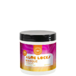 Un pot de masque Aloe Locks avec un couvercle noir, orné d'une étiquette rose et orange vibrante. Il est indiqué « 97 % d'origine naturelle », « masque hydratant » et « sans silicone ». Le design présente des lignes ondulées abstraites. Dakar