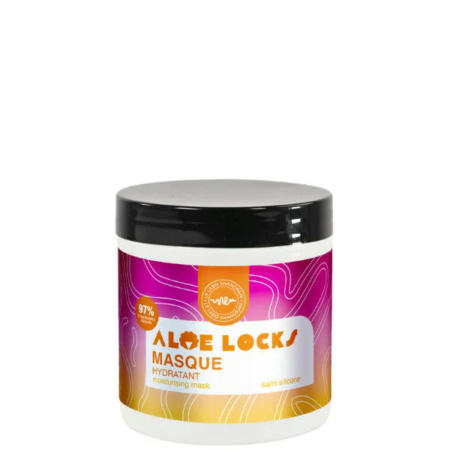 Un pot de masque Aloe Locks avec un couvercle noir, orné d'une étiquette rose et orange vibrante. Il est indiqué « 97 % d'origine naturelle », « masque hydratant » et « sans silicone ». Le design présente des lignes ondulées abstraites. Dakar
