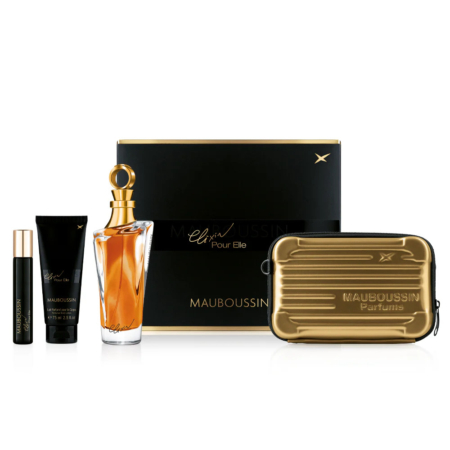 Coffret parfum comprenant une pochette dorée, un flacon de parfum au bouchon orné, un tube noir et un petit vaporisateur. L'emballage est noir et doré, étiqueté « Mauboussin Parfums », avec « Élixir Pour Elle » sur le devant. Dakar