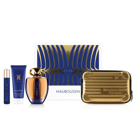 Un coffret cadeau Mauboussin proposant une sélection de parfums et de lotions présentés dans un élégant coffret bleu et or. Il comprend un écrin de voyage doré, un flacon de parfum, des tubes de lotion et une boîte décorative au design stylisé. Dakar