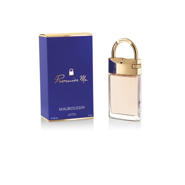 Un flacon de parfum Mauboussin « Promise Me » et son écrin bleu. Le parfum est doté d'un bouchon doré en forme de cadenas. L'écrin porte le nom de la marque et du parfum en lettres dorées. Dakar